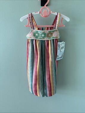 Iris & Ivy Striped Crochet-Trim Toddler Romper in rainbow stripes boho 24m NWT